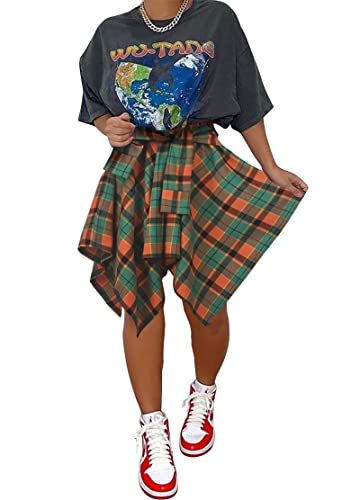Plaid Pleated Skirt Mini Cute - High Waisted Knotted Asymmetrical Hem A-line Checkered Skirts Multicolored Green Orange L