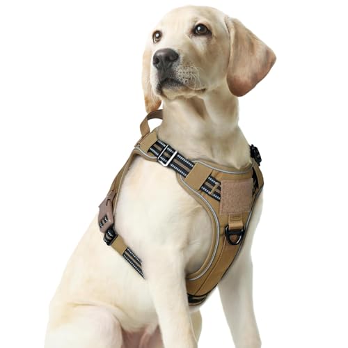 rabbitgoo Dog Harness Medium Sized No Pull, Tactical Service Pet Vest with Molle and Control Handle, Adjustable and Reflective Military Harness for Easy Walking and Training, Brown, M