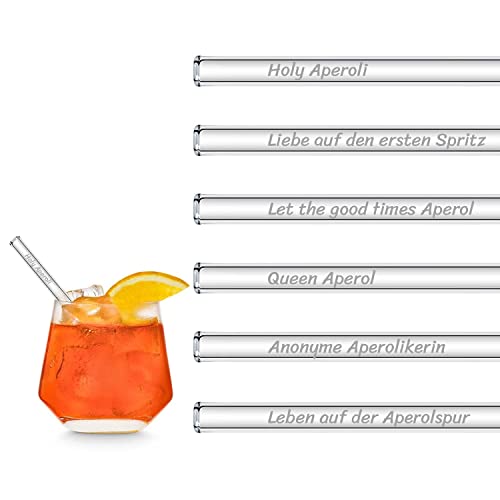 HALM Aperol Spritz Sprüche Glas Strohhalme Holy Aperoli Edition 15 cm - 6 lustige Trinksprüche graviert inkl. Bürste Glastrinkhalm