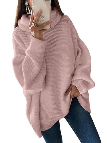 Onsoyours Pull en Tricot Femme Oversize Pullover Col Roulé Manches Longues Sweater Tricoté Chaud Hauts Chandail Automne Hiver A Rose XXL