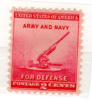 Postage Stamps United States. One Single 2 Cents Rose Carmine, National Defense Issue, 90-millimeter Anti-aircraft Gun, Stamp, Dated 1940, Scott 900.