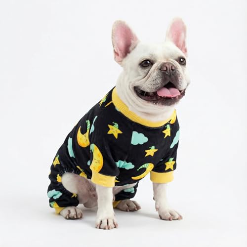 Image of Fitwarm Moon and Stars Dog Fleece Pajamas, Cozy Winter Clothes for Small Dogs Boy Girl, Funny Pet Outfit, Black, Yellow, XS