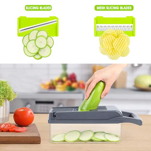 Dadajipo 18-in-1 Vegetable Chopper, Multifunctional Mandoline Slicer with 7 Stainless Steel Blades, Food Cutter with Peeler,Cleaning Brush,Mitten,Black & Green, Perfect for Cutting Vegetables & Fruits - Image 7