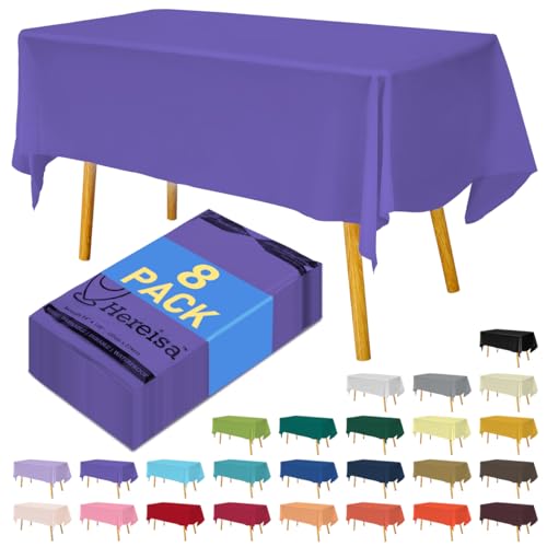 Hereisa 8-Count Purple Disposable Plastic Tablecloths Rectangle 54x108 Inch - Extra Long Waterproof Banquet Table Covers for Parties & Catering