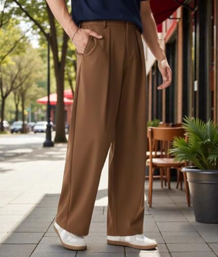 Image of KOTTY Men's Wide Leg Casual Style Korean Trousers with Relaxed Fit Tailoring Modern Structured Design for Professional Wear