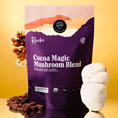 Raaka Chocolate Cocoa Magic Mushroom Blend With Lion’s Mane, Reishi And Lucuma | Gourmet Adaptogenic Mushroom Hot Chocolate | Organic, Low Sugar, Gluten Free, Kosher, Vegan | 5 Oz. Bag #TOP1