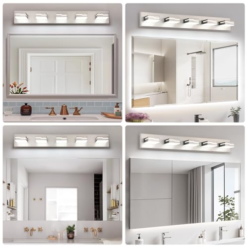 Image of LED Modern Bathroom Vanity Light Fixtures 5-Light, 32 inch Dimmable Nickel Vanity Lights for Bathroom Lighting Fixtures Over Mirror, with 350Rotatable Acrylic Heads(White Light 5500K)