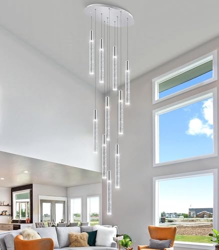CNMKLM Hängelampe LED Dimmbare Modern Kristall Hängeleuchte Hohe Decke Foyer-Eingang Pendelleuchten Höheverstellba Kronleuchter Für Villa Esszimmer Korridor Treppe(Silber,10-lamps)