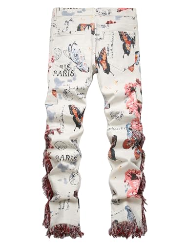 Men Butterfly Flower Print Tassels Slim Straight Jeans2