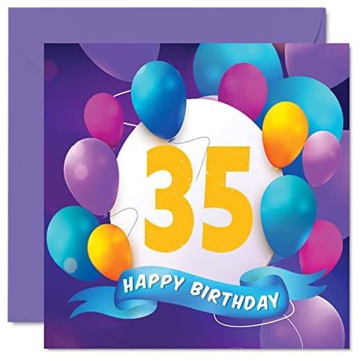 Tarjeta felicitación 35 cumpleaños hombres mujeres, fiesta en globo, tarjetas feliz cumpleaños hombre 35 años, mujer, hermano, hermana, mamá, papá, tía, tío, 145 mm x 145 mm, regalo cumpleaños