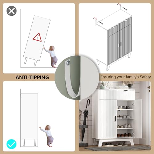 Image of Shoe Cabinet Storage for Entryway with Doors, 4 Tier Fluted Shoe Organizer with 2 Drawers, Entryway Shoe Storage with Adjustable Shelves, Freestanding Hidden Shoe Rack for Front Door Entrance, White