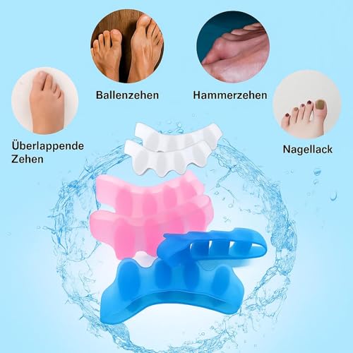 Zehenspreizer 6 Paar, Hallux Valgus Korrektur, Toe Spacer für Schmerzlinderung, 7.3x2.5x1.4cm Wiederholbare Zehentrenner in Blau, Rosa, Weiß, Ideal für Yoga und Täglichen Gebrauch