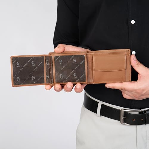 Image of KARA Tan Men's Genuine Leather Wallet - Bifold, 2 Cash Compartments, Coin Pocket, 10+ Card Slots, Hidden & Transparent Flip Sections