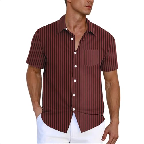 Short Sleeved Shirts for Men Adult, Mens Summer Shirts UK Sale Clearance Striped Printed Regular Fit Casual Shirt Button Down Turn-Down Collar Tops Holiday Beach Shirt with Pocket Wine