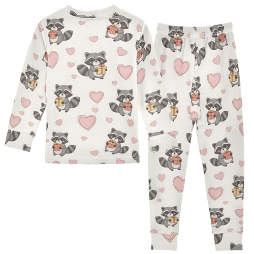 Pajama Sets Long Sleeve Cute Raccoons Hearts Soft Comfy Sleepwear 2 Piece PJS 3-8T3