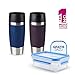 Produktbild Emsa Thermobecher 360 ml Travel Mug 2er Set + Gratis 1 L Frischhaltedose für unterwegs Luft und Wasserdicht (Isolierbecher mit doppelwandigem Edelstahlkörper, BPA frei, Spülmaschinenfest, 100% Dicht)