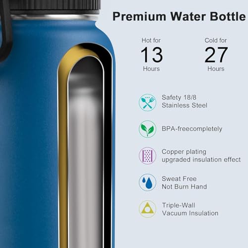 Image of koodee Sports Water Bottle with 3 Lids- 32 oz Stainless Steel Double Wall Vacuum Insulated Metal Water Bottle for Men-Reusable Travel Water Flask BPA Free(Navy)