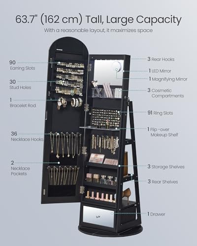Image of SONGMICS 360 Swivel Jewelry Cabinet, Full-Length Arched Mirror with LED Lights, Magnifying Mirror, Storage Shelves, Drawer, Ink Black UJJC030BC01