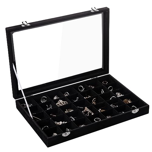 Frebeauty Velvet Jewelry Tray,35 Grid Jewelry Organizer with Clear Lid,Earring Holder Organizer Case with Clasp,Drawer Insert for Rings Studs,13.8 x 9.5 x 2 Inches,Gift for Women Girls(Black)
