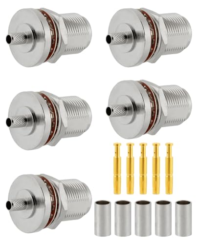 Vecys 5 PCS N Bulkhead Female Crimp RF Connectors 50 ohm N Female Jack RF Coaxial Connector Adapter for RG58 RG400 RF Coax Cable - Image 2