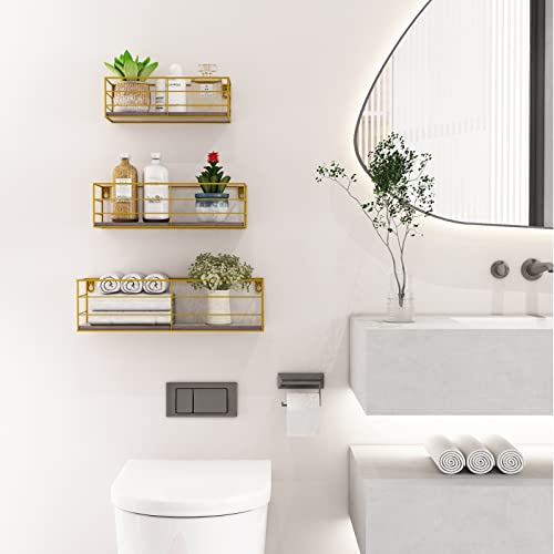 Crugla Gold Wall Mounted Shelves Set Of 3, Floating Hanging Shelf For Bathroom, Living Room, Bedroom, Kitchen Storage #TOP1