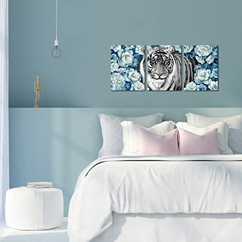 Welmeco Wildlife Black And White Tiger With Blue Eyes In White Magnolia Flowers Painting Giclee Canvas Prints Gallery Wrapped Animal Floral Artwork For Living Room Bedroom Home Office (12X16X3) #TOP3