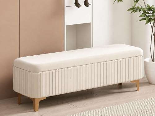 Image of LEGACY OF COMFORT Qwen Velvet Upholstered Flip Top Storage Bench 2 Seater Sofa Upholstered Ottoman Bench with Storage for Living Room, Bedroom (Ivory)