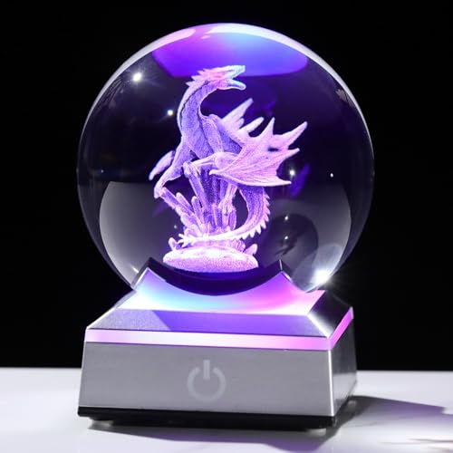 Image of Movdyka Crystal 3D Gothic Dragon 3.15'' Ball Figurine Gifts for Men Him, Collectible Pterosaur Ornaments Sphere with LED Lights Base for Dragons Statue Lovers on Birthday