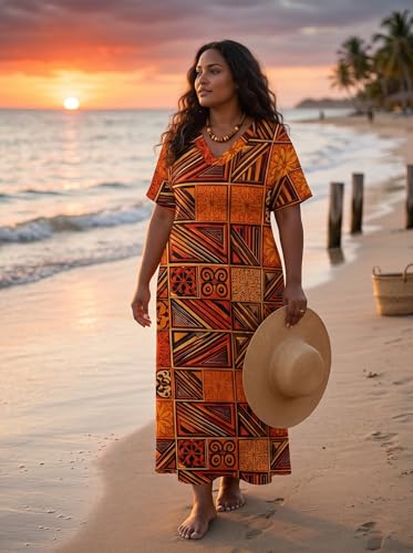 Image of Plus Size Maxi Dress for Women Short Sleeve V Neck Casual Loose Sundress with Pockets