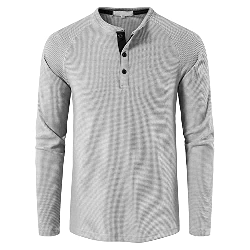 Men's Waffle Long Sleeve Shirt Fashion Casual Henley Basic Tee Shirt Lightweight Classic Three Button Pullover Top (Small,Light Grey)