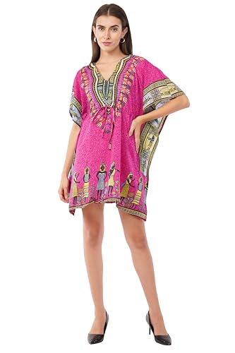 Image of Divine threads Women’s Short Kimono Tunic Kaftan Plus Size Dashiki Caftan Summer Beach Wear, Pink_african, One Size