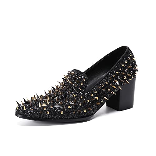 Rui Landed Zapatos Oxford for Hombre, decoración con Remaches, Puntiagudos, tacón Alto, sin Cordones, tacón de Bloque Plano, for Negocios, Cuero Genuino (Color : Negro, Tamaño : 46 EU) thumbnail