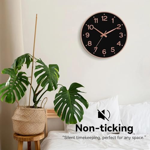 Image of Roymnie Wall Clock 12 Inch Silent Wall Clocks Battery Operated-Modern Non Ticking Analog Clock Decorative for Kitchen Bedroom Office (Black Rose Gold)