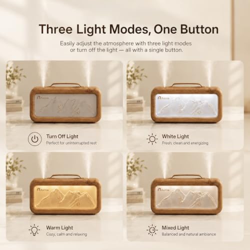 Image of Auroa Ultrasonic Cool Mist Humidifier for Room Moisture | Wood Grain Essential Oil Diffuser for Home |Mountain Mist Maker Fogger with 4 Light Modes & Auto Shut Off | Home Decor