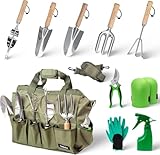 Hadeeka Gardening Tools Set – 10 Piece Heavy Duty Stainless Steel Garden Tool Kit with Shoulder Strap Storage Bag, Garden Hand Tools for Gardening, Gardening Gifts for Women & Men