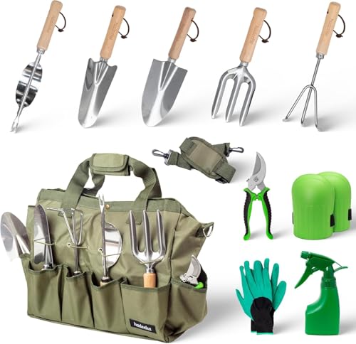 Hadeeka Gardening Hand Tools 10-Set - Includes Heavy Duty Stainless Steel Trowel, Fork, Rake, Weeder, Transplanter with Ergonomic Ash Wood Handles in Convenient Organiser Shoulder Bag Kit