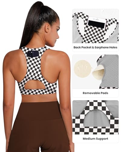 Image of QUEENIEKE BareFlow Women's Sports Bras with Phone Pocket Medium Impact Padded Racerback Workout Gym Crop Top Running Yoga Bra