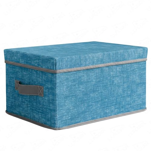 Image of Lukzer 1PC Blue & Grey Foldable Storage Box with Lid & Reinforced Handle | Fabric Wardrobe Clothes Organizer Basket Bin for Sarees, Blankets, Toys, Books & Closet Almirah Storage (36 x 26.5 x 20 CM)