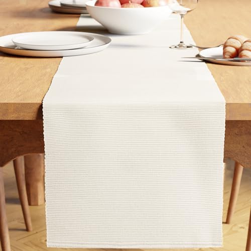 Image of Encasa XO Dining Table Runner for 4 to 6 Seater| Yarn Dyed Fine Ribbed Cotton | Size 32x183 cm | Solid Off White | Machine Washable