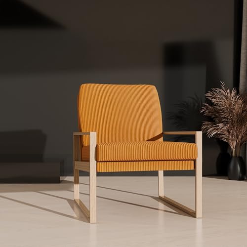 BELLEZE Modern Mustard Yellow Accent Chair, Mid-Century Corduroy Upholstered Lounge Chair, Wooden Frame Armchair for Living Room, Bedroom, or Office,