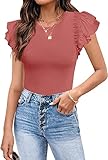 OWIN Women's Cute Ruffle Short Sleeve Bodysuits Basic Crew Neck Soft Slim Fit Stretchy T Shirts Tops