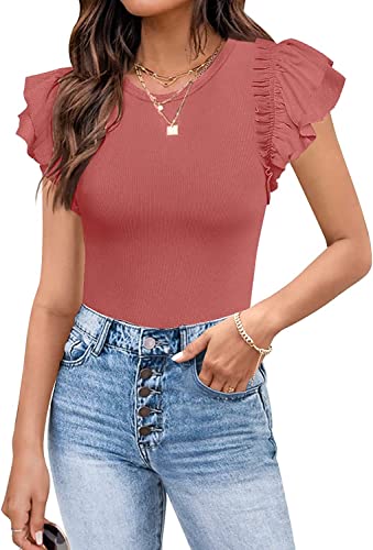 Owin Women's Cute Ruffle Short Sleeve Bodysuits Basic Crew Neck Soft Slim Fit Stretchy T Shirts Tops Jumpsuit Brick Red S #TOP23