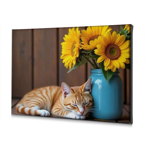 Tableau sur toile salle de bain chat tigré et tournesols édition 40x60