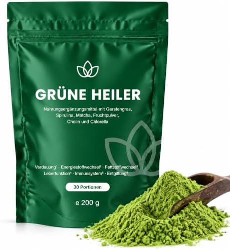 Grüner Entgiftungspulver, Grünes Superfood-Pulver Helfer – pflanzliche Mischung mit Matcha, Gerstengras, Spirulina & Wildheidelbeere | Veganer Verdauungs- & Energie-Booster