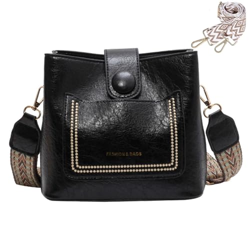 Image of Small Crossbody Bag for Women Trendy Vegan Leather Shoulder Bucket Bag Hobo Handbags with 2 Adjustable Guitar Straps (Black)