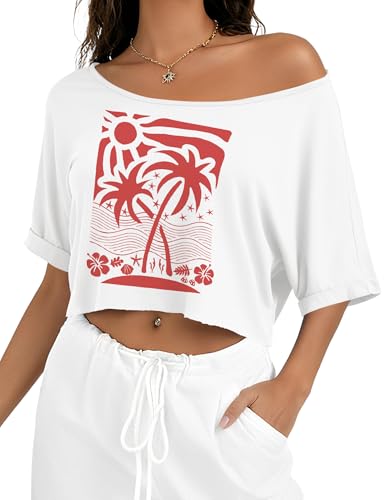 Kistore Womens Off Shoulder Crop Tops Asymmetrical Short Sleeve Loose