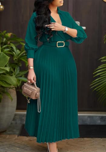 Image of Famnbro Womens Pleated Dress V Neck Long Sleeve A line Church Formal Works Business Dresses with Belt