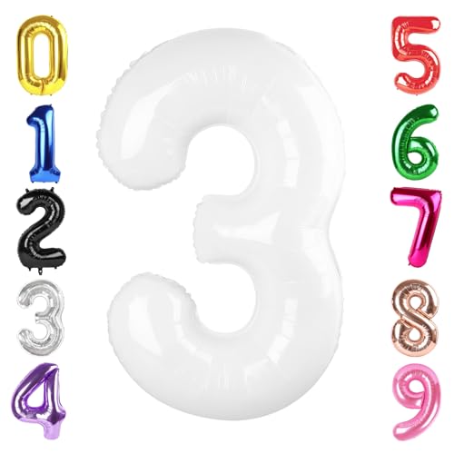 Image of 40 Inch White Number 3 Balloon Birthday Party Decorations for Men & Women | 40 Inch White inflatable foil number balloons, large birthday decorations for 3rd birthday