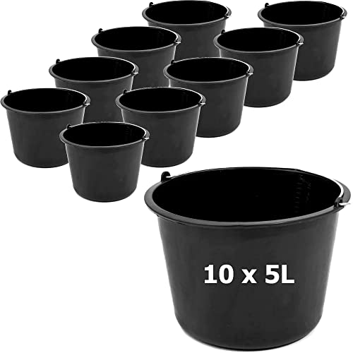 Construction Bucket Mortar Bucket 5 L Construction Site Cleaning Bucket 24 cm Black Bucket Water Bucket Pack of 10