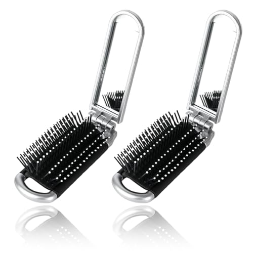 2 Piezas Cepillo de Pelo de Viaje con Espejo Plegable, Cepillo Pelo Plegable Antitirones, Mini Cepillos para Gimnasio, Viajes, Plata
